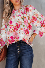 White Floral Frilled Neckline Puff Sleeve Blouse