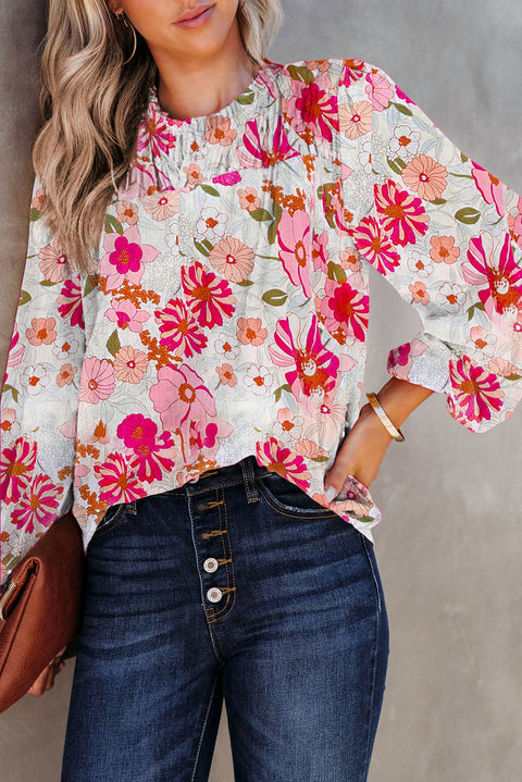 White Floral Frilled Neckline Puff Sleeve Blouse