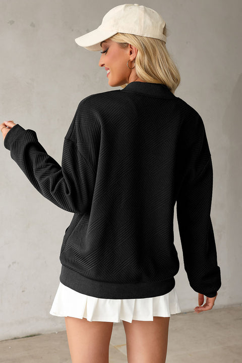 Black Solid Textured Stand Neck Zipper Bomber Jacket