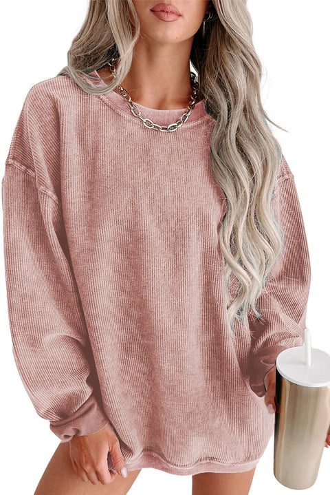 Gray Solid Ribbed Knit Round Neck Pullover Sweatshirt