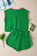 Green Contrast Trim Cable Textured Shorts Set