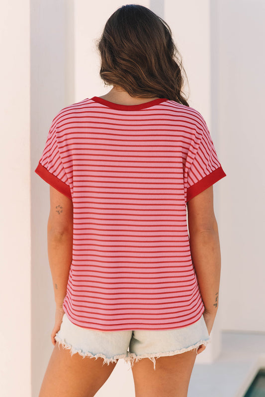 Pink Stripe Knitted Round Neck T Shirt