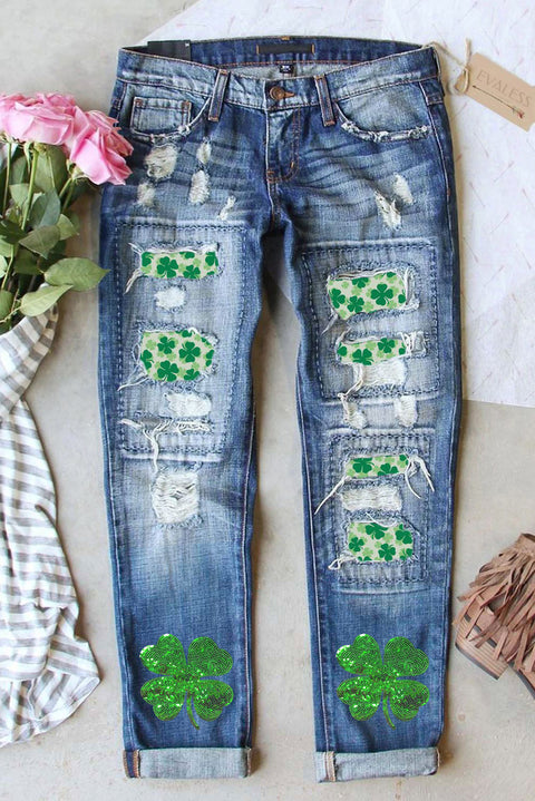 Sky Blue St. Patricks Clover Patchwork Sequin Distressed Jeans