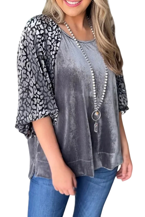 Medium Grey Leopard Splicing Lantern Sleeve Velvet Blouse