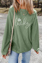 Grass Green Rhinestone lucky Clover Graphic Ribbed St Patrick Sweatshirt