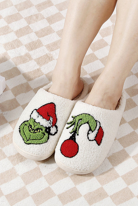 White Christmas Grinch Graphic Fuzzy Winter Home Slippers