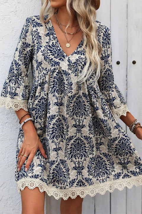 Sky Blue Vintage Printed Lace Trim V Neck 3/4 Sleeve Loose Dress