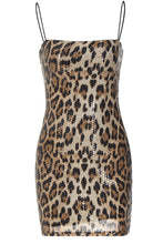 Khaki Sequin Leopard Print Spaghetti Strap Nightclub Hot Dress