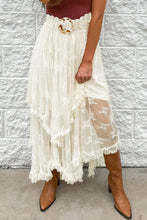 Beige Lace Cascading Tiered High Waist Maxi Skirt