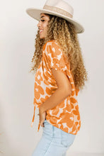 Orange Satin Floral Puff Sleeve Tied Split Neck Top