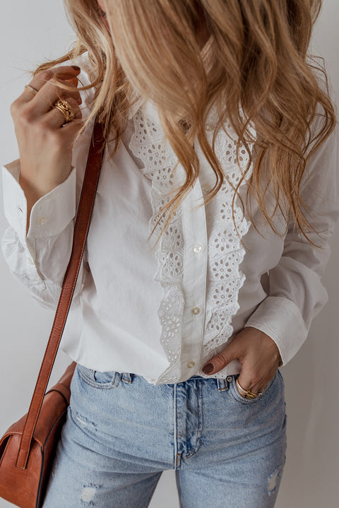 White Lace Crochet Trim Turn Down Collar Buttoned Shirt