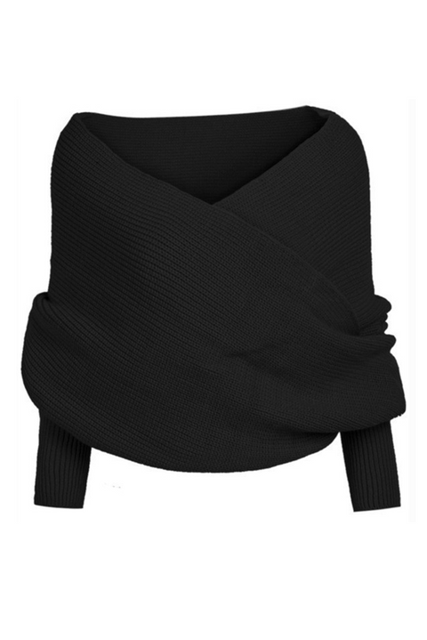 Black Wrap Up Sleeved Plain Knit Scarf