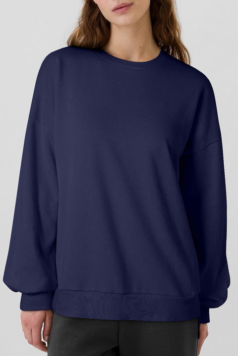 Navy Blue Solid Fleece Lined Drop Shoulder High Low Sweatshirt