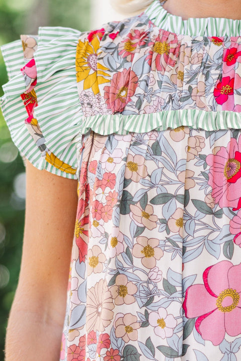 Pink Floral Print Contrast Ruffle Trim Short Sleeve Blouse