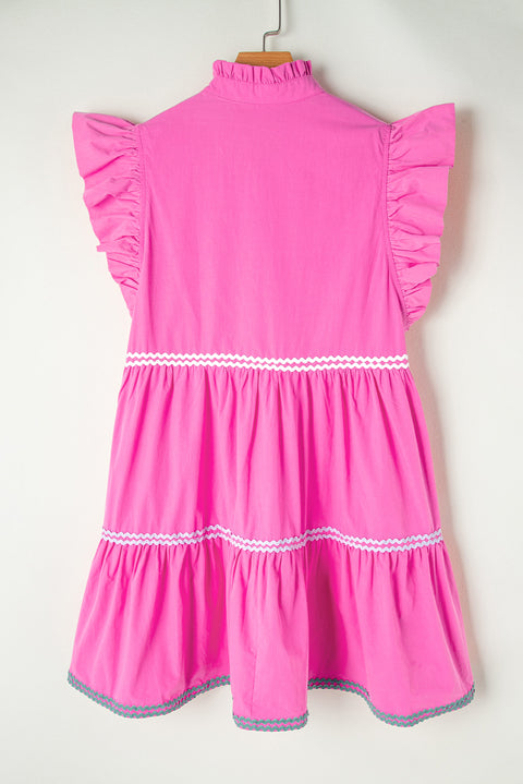 Strawberry Pink Ric Rac Colorblock Flutter Sleeve V Neck Tiered Dress