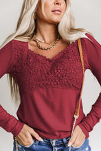 Beige Lace Crochet V Neck Long Sleeve Top