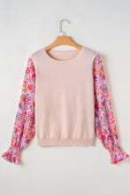 Oatmeal Floral Printed Patchwork Smocked Lantern Sleeve Knit Top