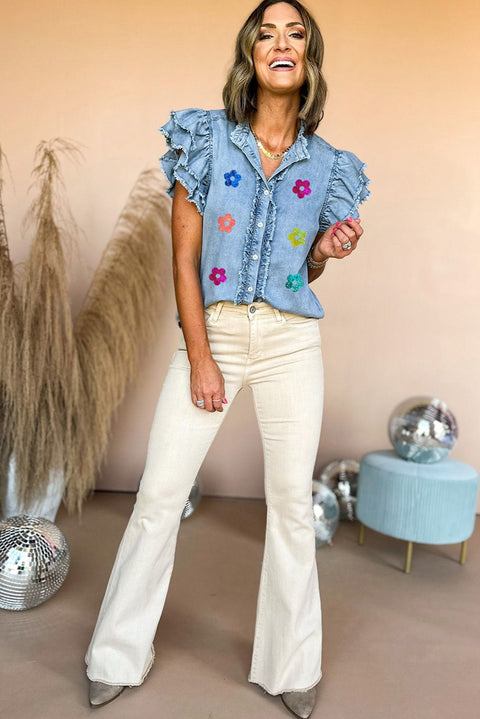 Beau Blue Sequin Flower Graphic Ruffled Sleeve Frayed Denim Top