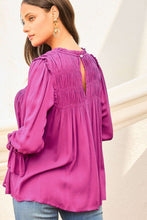 Bright Pink Shirred Button Keyhole Back Flounce Sleeve Blouse