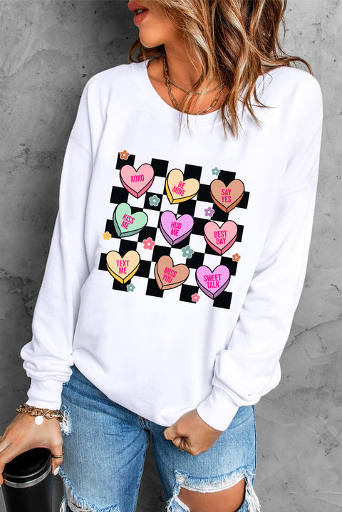 White Checkered Valentines Letter Heart Pattern Sweatshirt