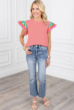 Peach Blossom Contrast Ricrac Floral Sleeve Top