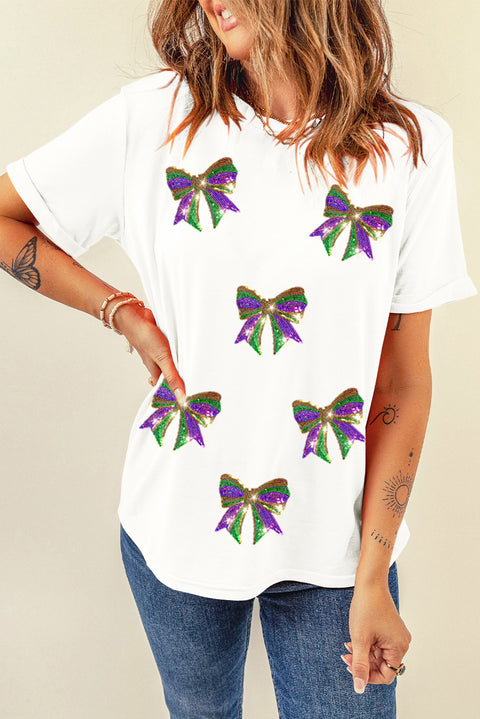 White Sequin Mardi Gras Bow Graphic Crewneck Tee