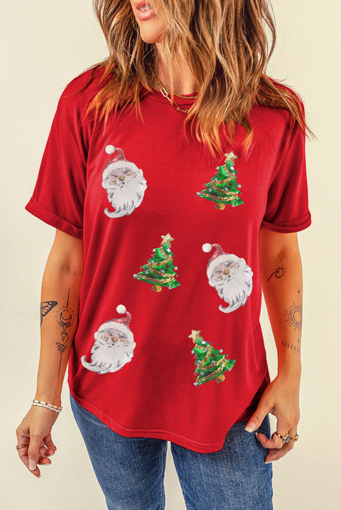 Red Santa Clause Christmas Tree Print Tee