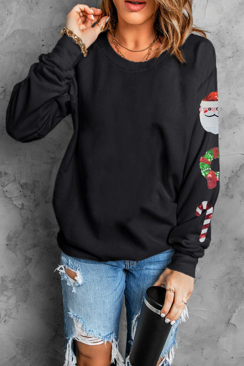 Black Christmas Pattern Sequined Crewneck Sweatshirt