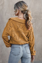 Khaki Hollowed Pattern Knit V Neck Collared Sweater