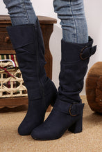 Navy Blue Suede Double Buckled Side Zipped Mid-calf Boots