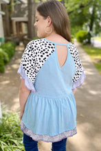 Iceland Blue Leopard Ruffled Patchwork Sleeve V Neck Blouse