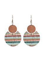 Multicolor Rainbow Stripe Pattern Notch Round Wooden Pendant Earrings