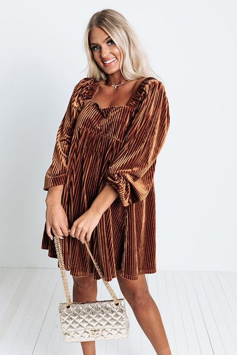 Brown Tie Back Square Neck Velvet Babydoll Dress