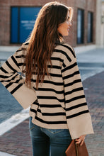 Khaki Striped Mock Neck Bell Sleeve Knit Sweater