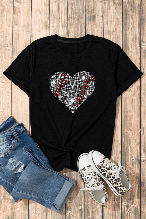 Black Rhinestone Baseball Heart Shape Graphic Casual T Shirt