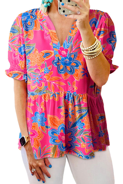 Rose Abstract Print Smocked Puff Sleeve V Neck Blouse