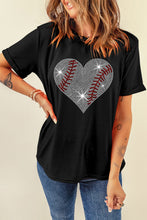 Black Rhinestone Baseball Heart Shape Graphic Casual T Shirt