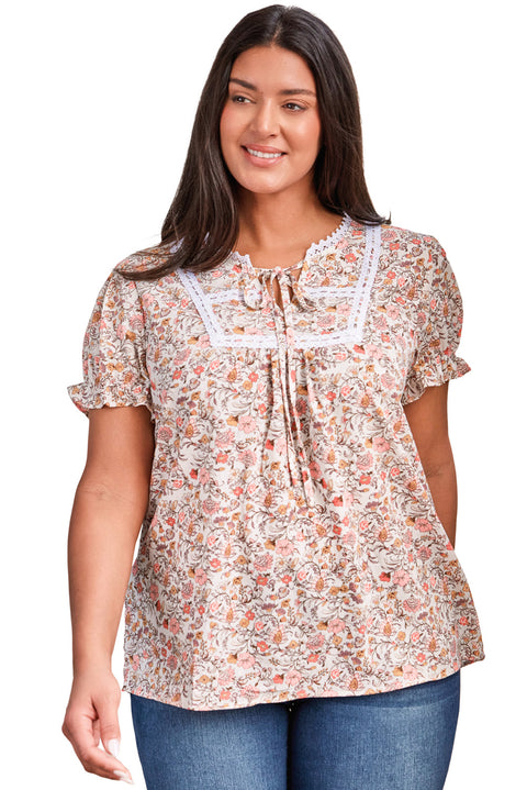 Top de talla grande con estampado floral y cuello dividido 