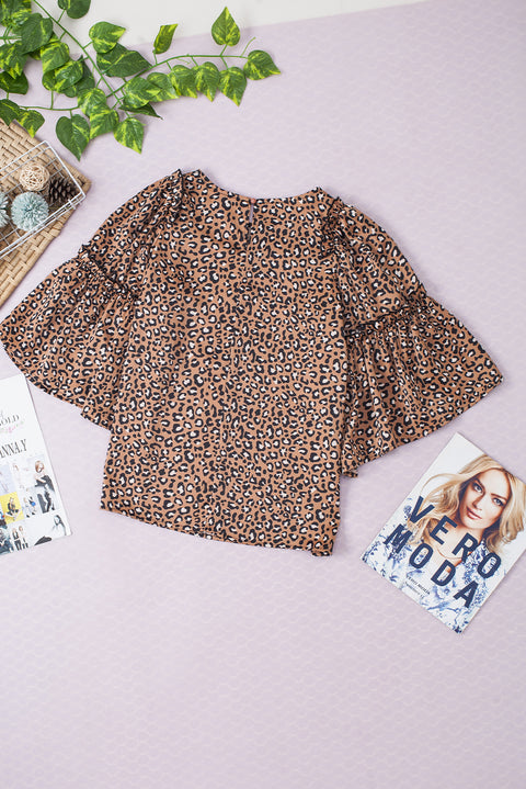 Chestnut Leopard Print Ruffle Wide Sleeve Blouse