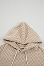 Khaki Checkered Print Kangaroo Pocket Drawstring Hoodie