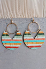 Multicolor Rainbow Stripe Pattern Notch Round Wooden Pendant Earrings