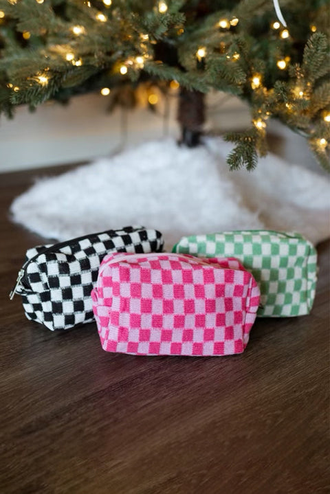 Black Checkered Knitted Zipper Makeup Bag