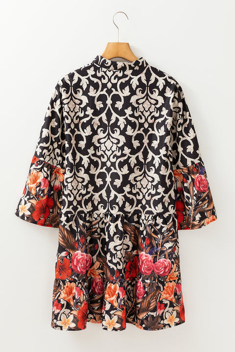 Black Retro Floral Mixed Print Split Neck A-line Dress