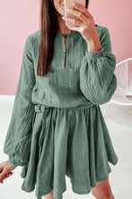 Pickle Green Button Neck Puff Sleeve Belted Pleated Mini Dress