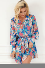 Blue Floral Print Lantern Sleeve Belted Shirt Dress