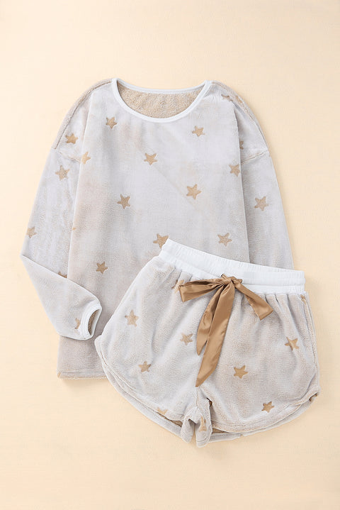 Plush Star Pattern Long Sleeve Pullover and Shorts Lounge Set