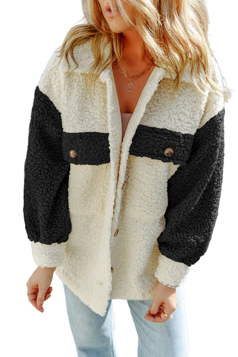 Black Color Block Sherpa Shacket with Pockets