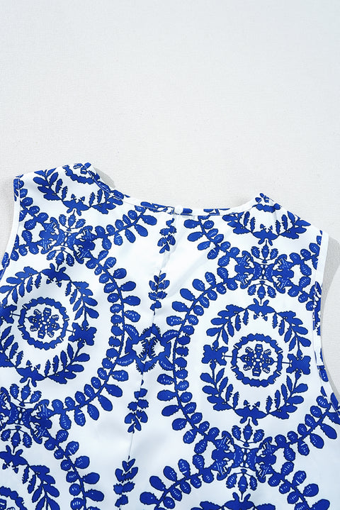 Blue Vintage Print Pintuck Crew Neck Tank Top