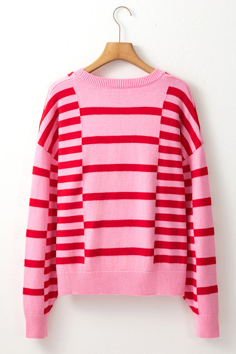 Pink Stripe Bubble Sleeve Drop Shoulder Ribbed Trim Sweater