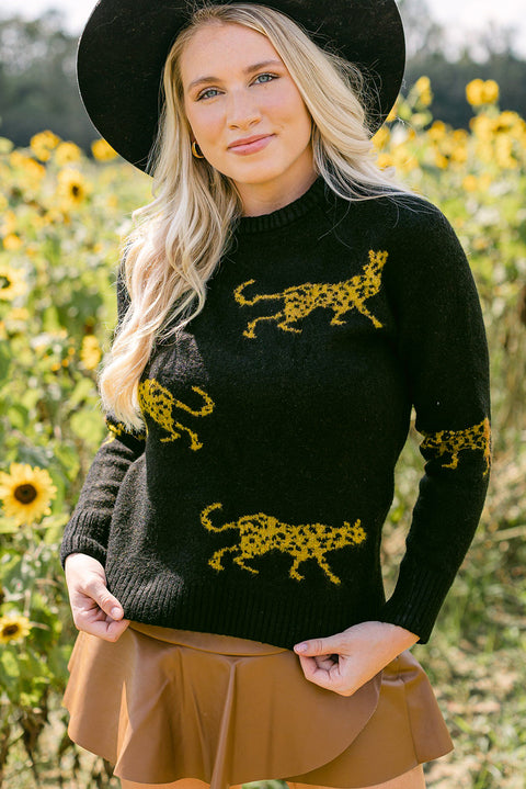 Black Cheetah Pattern Knit Round Neck Sweater